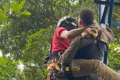 Bombeiros resgatam homens presos em caixa d’água a 20 metros de altura após intoxicação por solvente durante pintura