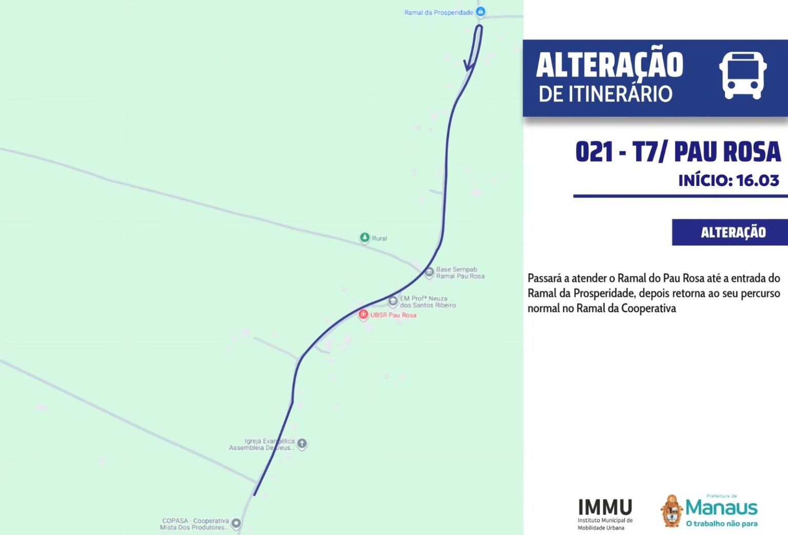 Prefeitura estende linha 021 até o quilômetro 16 do Pau-Rosa